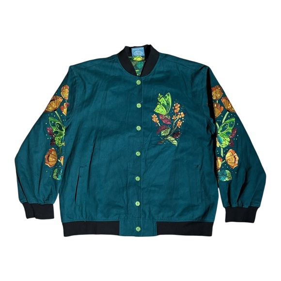 Morning Witch Emerald Dream Cotton Twill Embroidered Butterfly Bomber Jacket - Picture 3 of 6